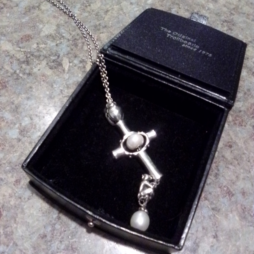 Silver Cross Necklace with Pearl Accents